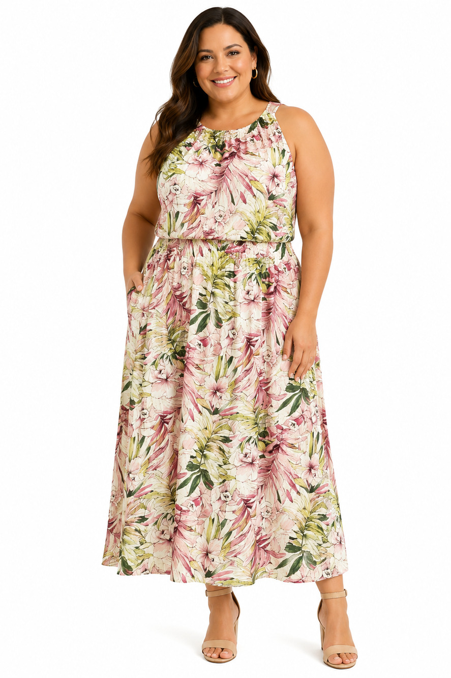 Ophelia Roe Womens Pink Green Floral Midi Sleeveless Blouson Dress NWT sz 2X